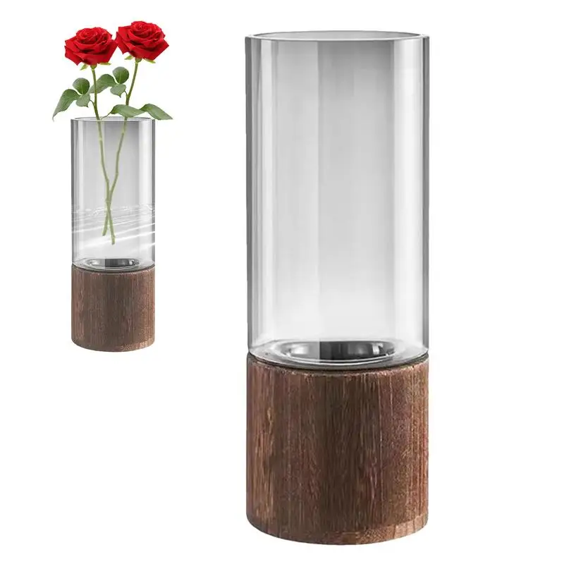 Clear Flower Vase Cylindrical Clear Glass Jar For Flowers With Wooden Base Centrepiece Ornaments Decorative Rustic Style decor