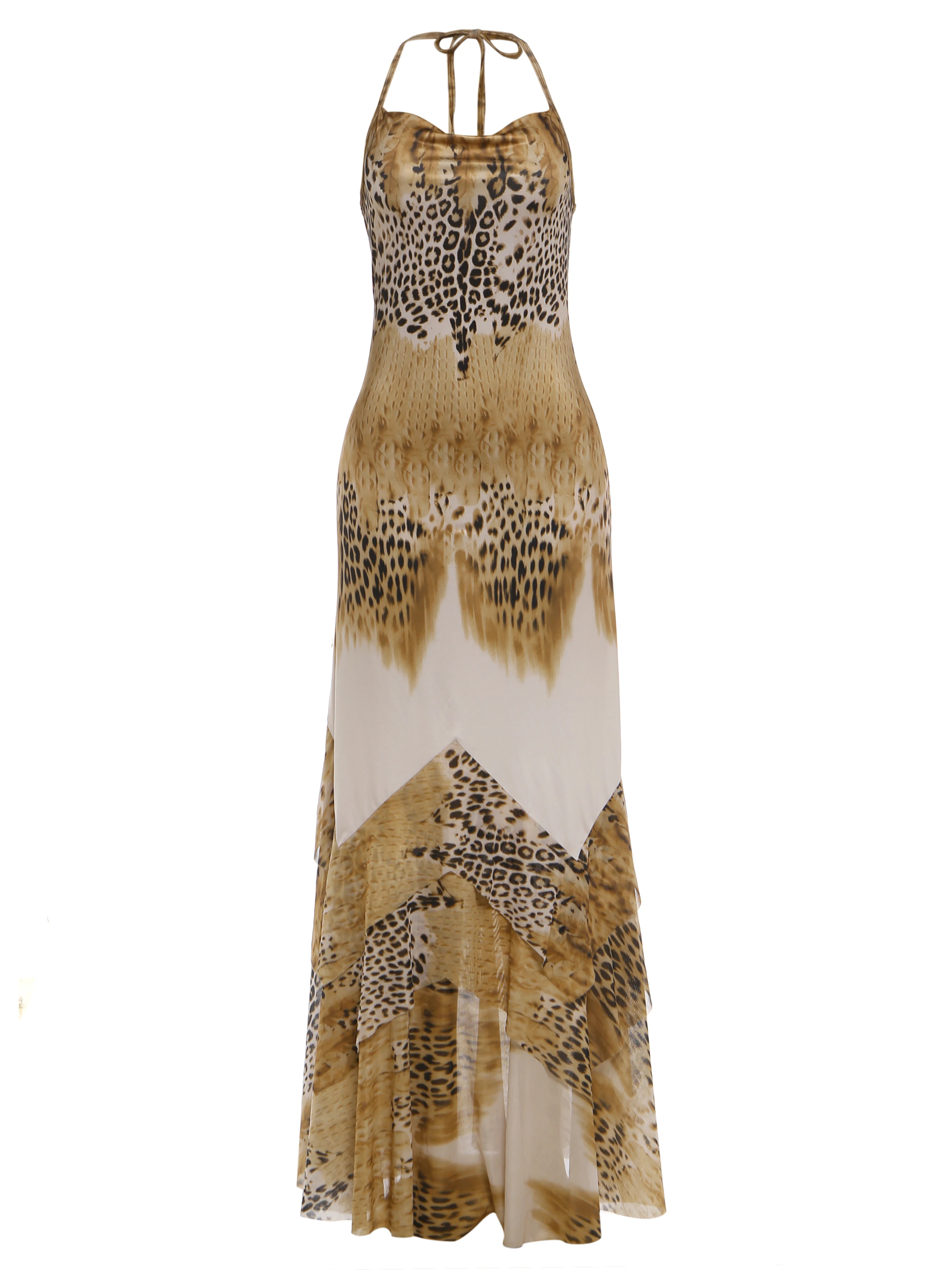 Sisterlinda Damen Langes Kleid mit Leopardenmuster, Trendiges Sexy Mode-Schnürkleid mit Neckholder, Rückenfreies Design, Tailliert, Rüschensaum, Elegantes Vestido – Detail 2