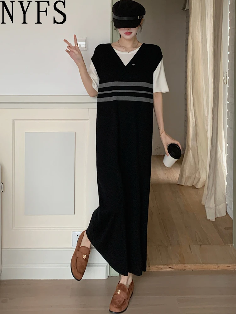 

NYFS plus Size Loose Fit Korean Style Long Dress Summer 2025 Short Sleeve Two-Face Knitted Women's Dress Robe