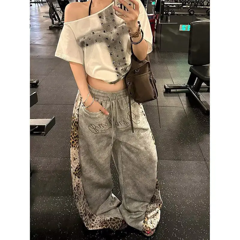 American Retro Street Style Leopard Print Splicing Sweatpants Women's Gray Drawstring Casual Pants Old Long Pants Wide-leg Pants