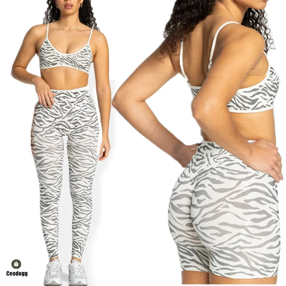 Pad 2Pcs Fitness Women Zebra Yoga Set Contrast Edge Legging Squat Proof Scrunch Pants Sports Workout Shorts Active Wear XP268