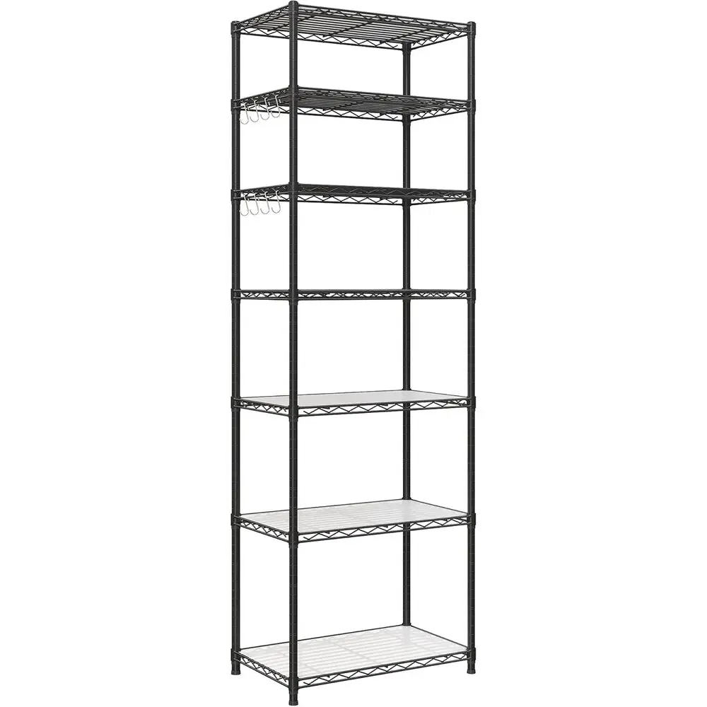 

7-Tier Storage Unit, Wire Shelving, Kitchen Metal Rack With Adjustable Shelves, Shelf Liners, 8 Hooks, for Garage, 13.4