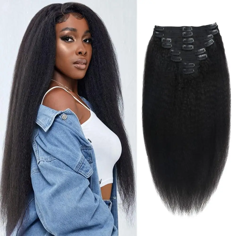 120g/set klip lurus keriting panjang 26 inci dalam ekstensi rambut rambut manusia Brasil rambut alami 8 potong/set untuk wanita