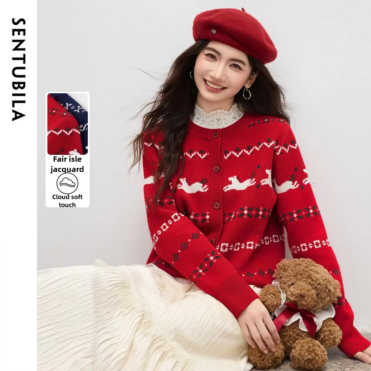 

SENTUBILA вязаный кардиган с круглым вырезом, женский осенний повседневный свитер для поездок на работу, осень 202, женские топы с длинными рукавами и мультяшным узором W54EB4030