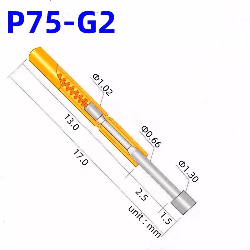100PCS P75-G2 Spring Test Probe Pogo Pin Spring Test Pin Length 17mm Needle Dia 1.02mm Test Probe Head Dia 1.30mm P75-G Flat Tip