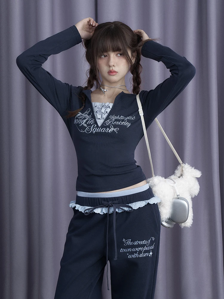 

SagiDolls Nordic Winter Night Blue Long Sve T-irt with Cry Fake Two-Piece Top for Girls Casual Sle Cotton Blend