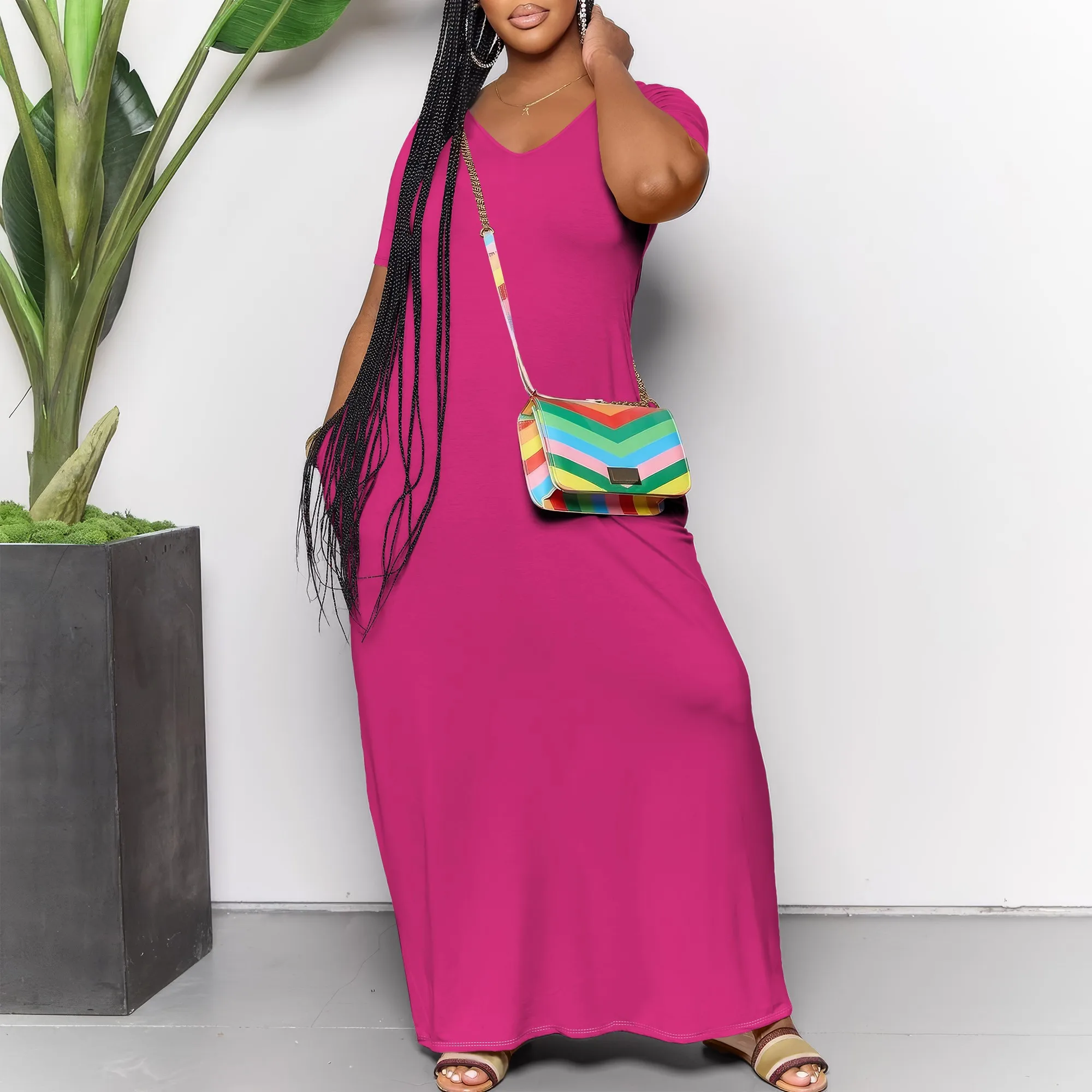 

Women's Red Abstract Short-Sleeve V-Neck Loose Printed Maxi Dress Polyester Party Winter Stylish
