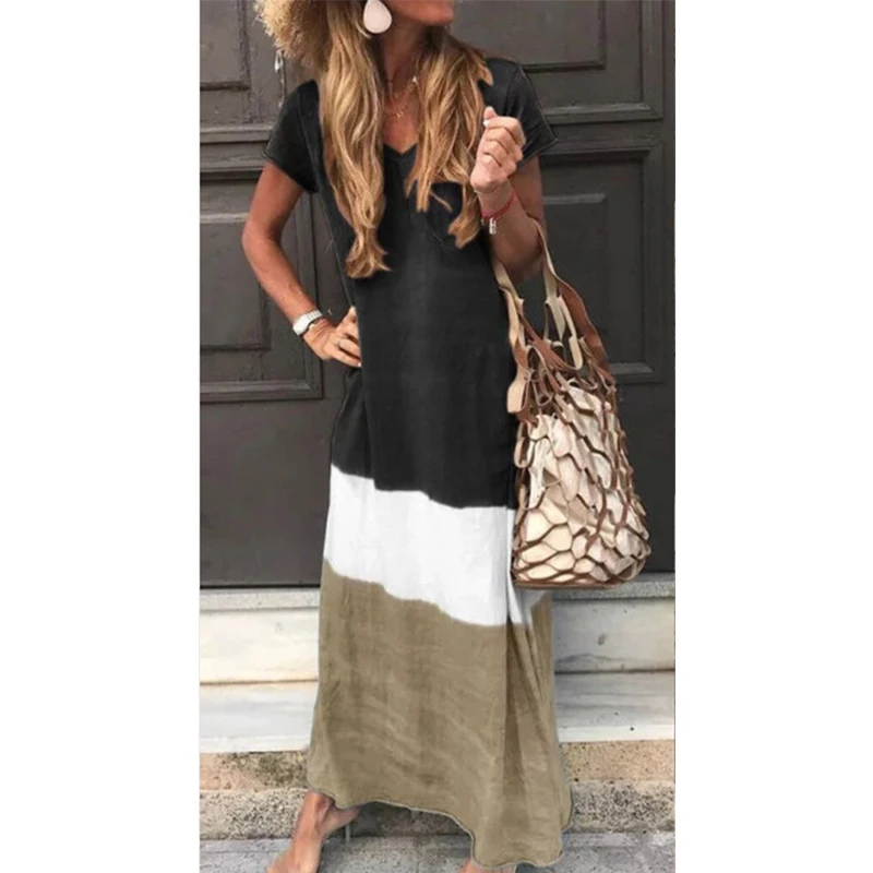 

Summer Women's Fashion Patchwork Multi-color Dress Round Neck Short Sleeve Holiday Long Dresses For Women