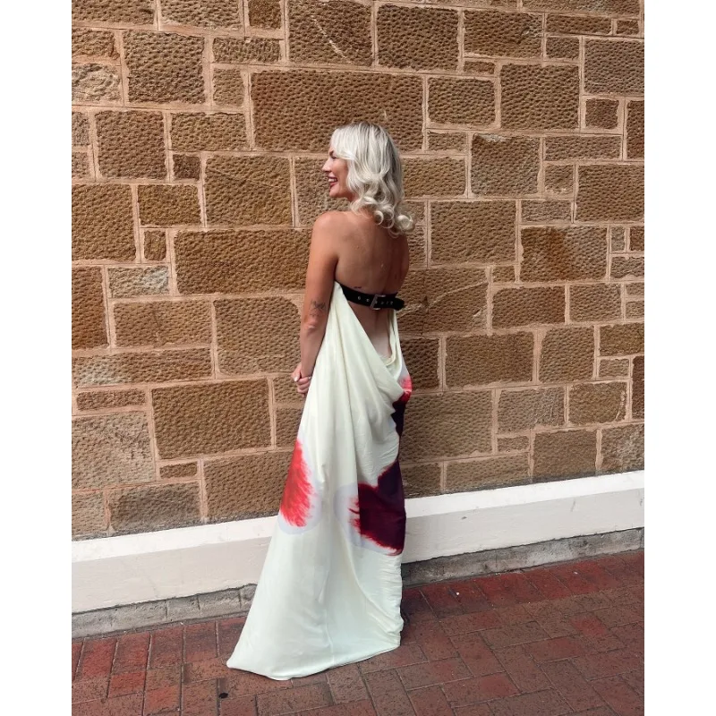 ชุดเดรสยาวสำหรับผู้หญิง ลายดอกไม้ แขนกุด สายเดี่ยว โชว์ไหล่ ดีไซน์เก๋ สีสันตัดกัน เหมาะสำหรับงานปาร์ตี้ช่วงฤดูร้อน