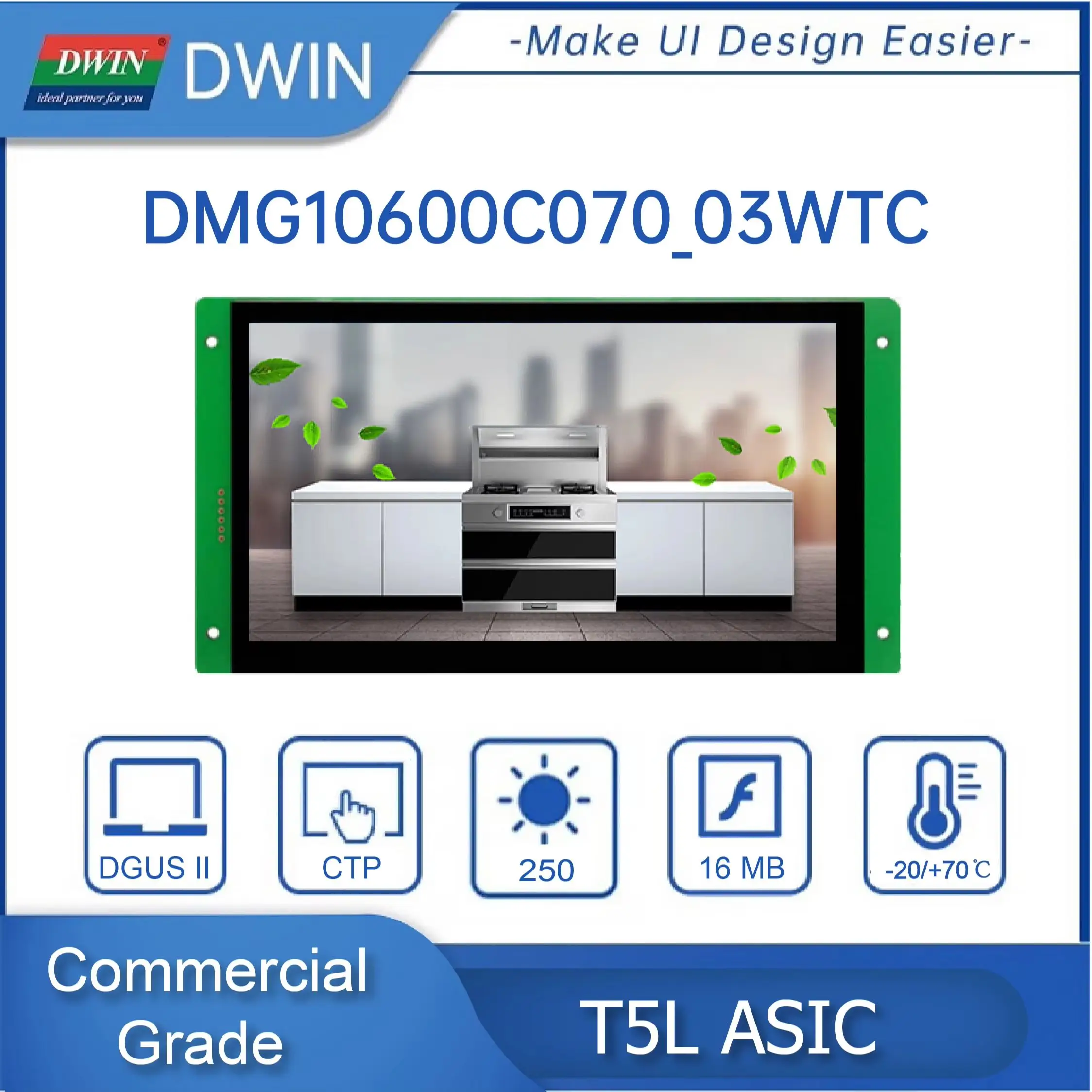 DWIN 7.0 Inch Display 1024*RGB*600  HMI Smart Module IPS-TFT-LCD, Wide Viewing Angle - DMG10600C070_03W