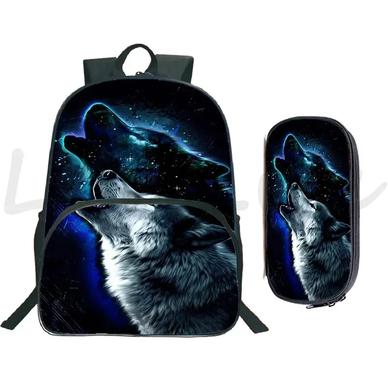 2pcs Set Animal Wolf Print Backpack With Pen Bag Children School Bags Boys Girls Large Capacity Travel Knapsack Men Laptop Bag