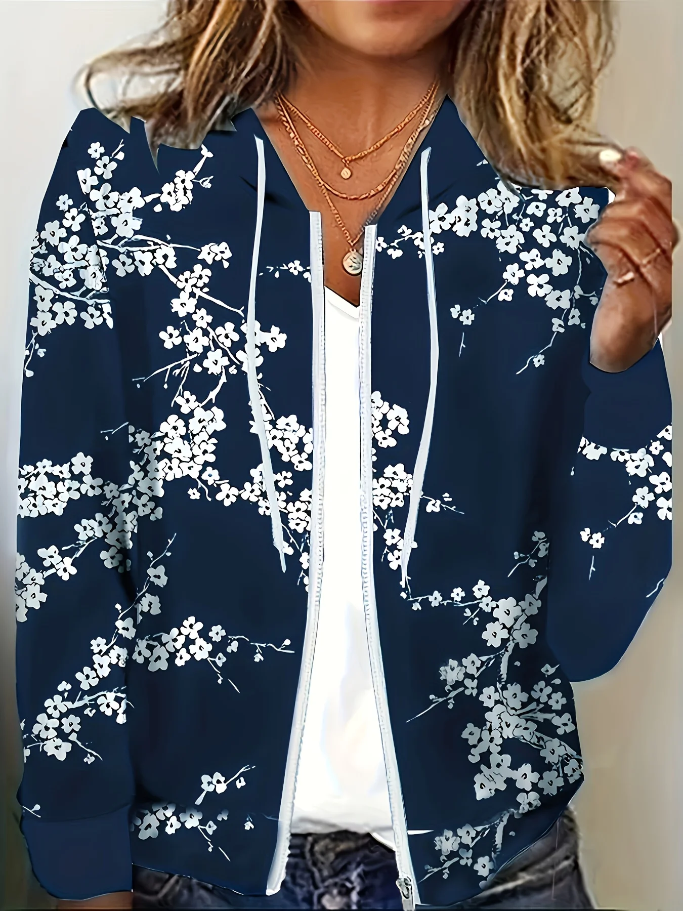 Elegant Plus Size Women's Floral Print Zip-Up Hoodie for Chic Casual Style