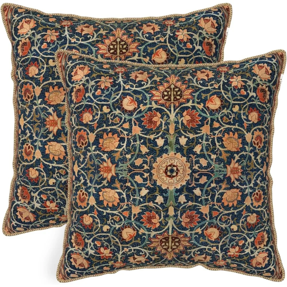 Fodere per cuscini in morbido velluto floreale vintage, set di 2 federe per cuscini botanici artistici da 18 x 18 pollici con piante di fiori blu scuro arancione bruciato