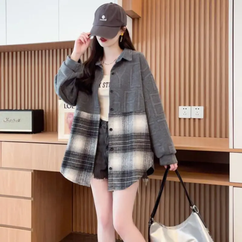 Hot 2025Spring Autumn New Women Fashion Soft Loose Splicing Tops Shirt Korean Edition Medium Long Casual Versatile Cardigan Coat