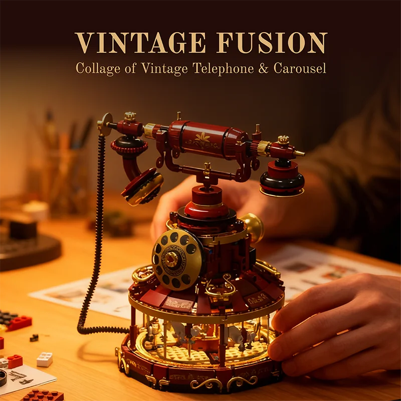 Retro Telephone MOC Building Toys Carousel Blocks Model Room Decor DIY Bricks Sets Ornament Gifts for Adult 1100+pcs With Light