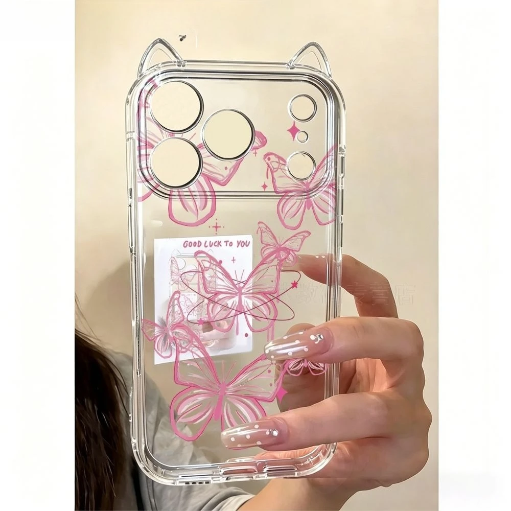 

Lovely Pink Butterfly Pattern Phone Case For iPhone 17 Pro Max 17 Air 16 15 14 11 13 12 Pro Max XSMax XS XR X Cat Ear Soft Cover