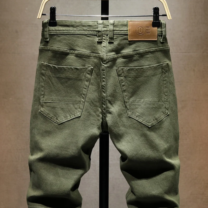 Street Designer Fashion Men Jeans Army Green Stretch Slim Fit Casual Jeans Men Zipper Pocket Hip Hop Vintage Denim Pants Hombre