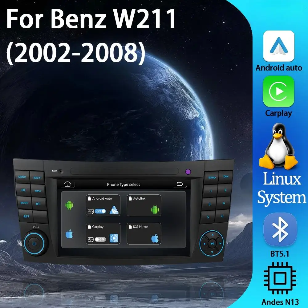 

Автомагнитола Linux Smart Head Unit 7 дюймов, для Mercedes-Benz W211, с DVD-плеером, встроенными Android Auto и CarPlay