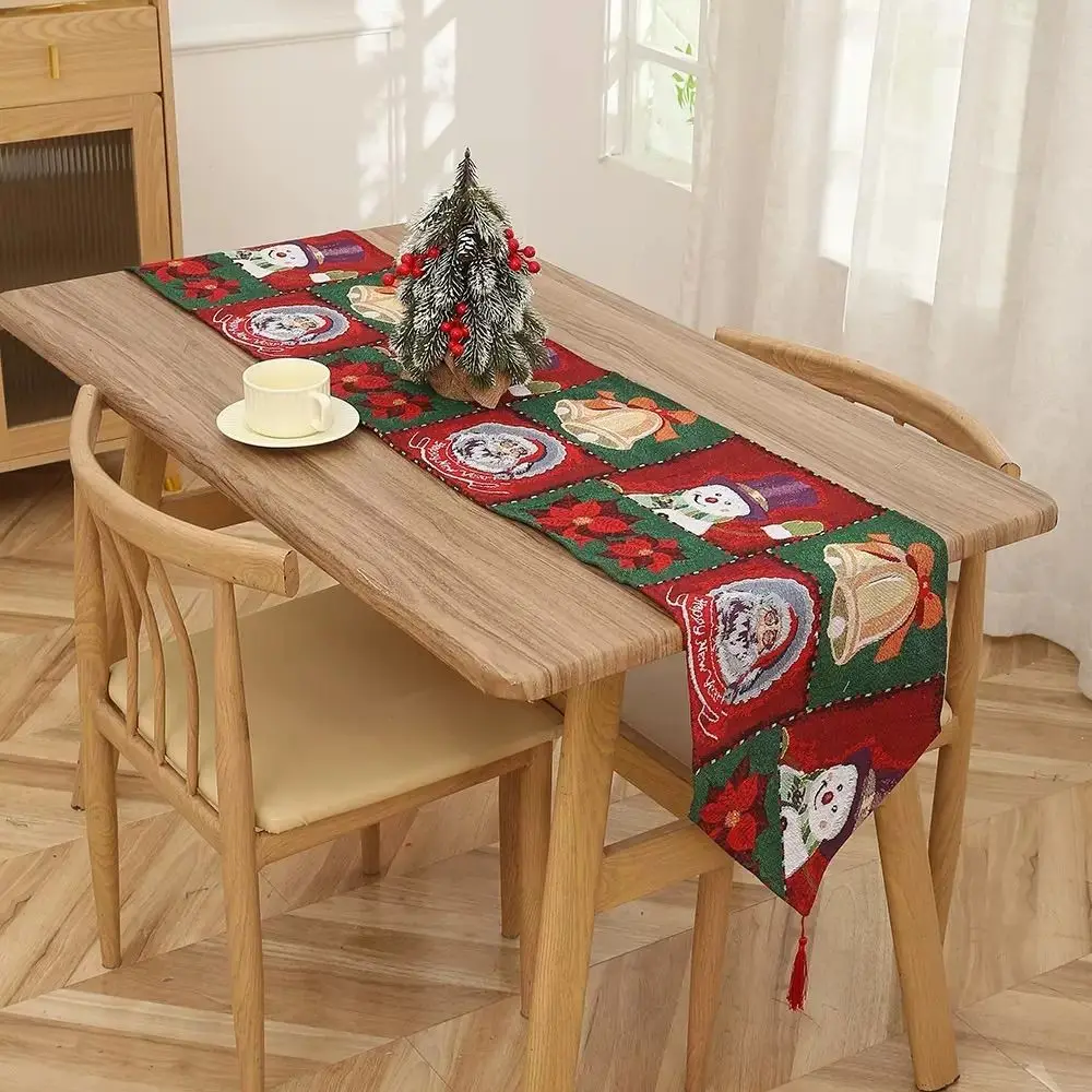 

Durable Tassel Christmas Table Runner Long Snowman Printed Santa Claus Tablecloth Rectangle Knitted Cloth Table Cover Hotels