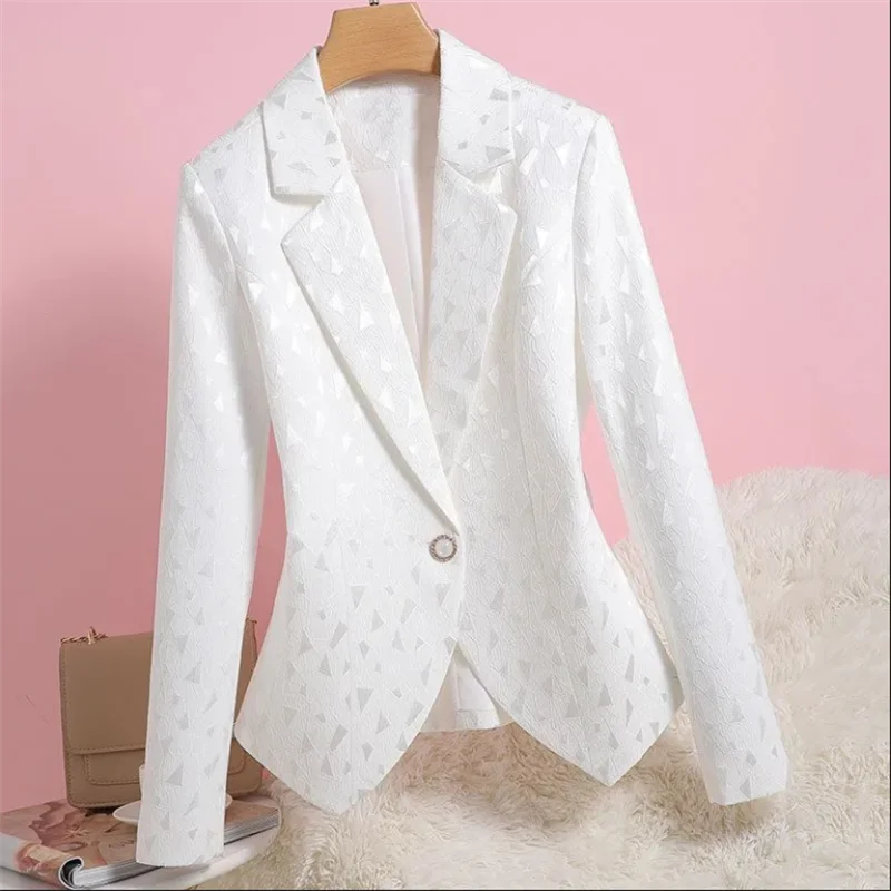 Casaco fino para mulheres, blazer de diamante Jacquard, jaqueta simples para senhoras do escritório, outwear para mulher, roupas brancas, primavera e outono