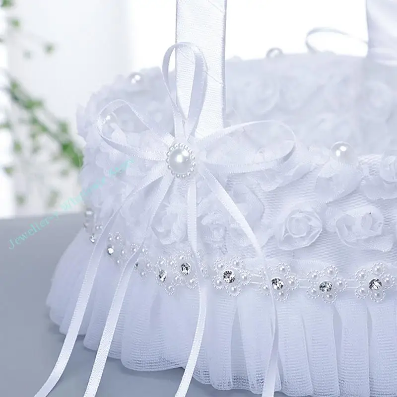 

R7UF Flower Girl Basket for Wedding Small White Satin Wrapped Lace Faux Flowers Decor