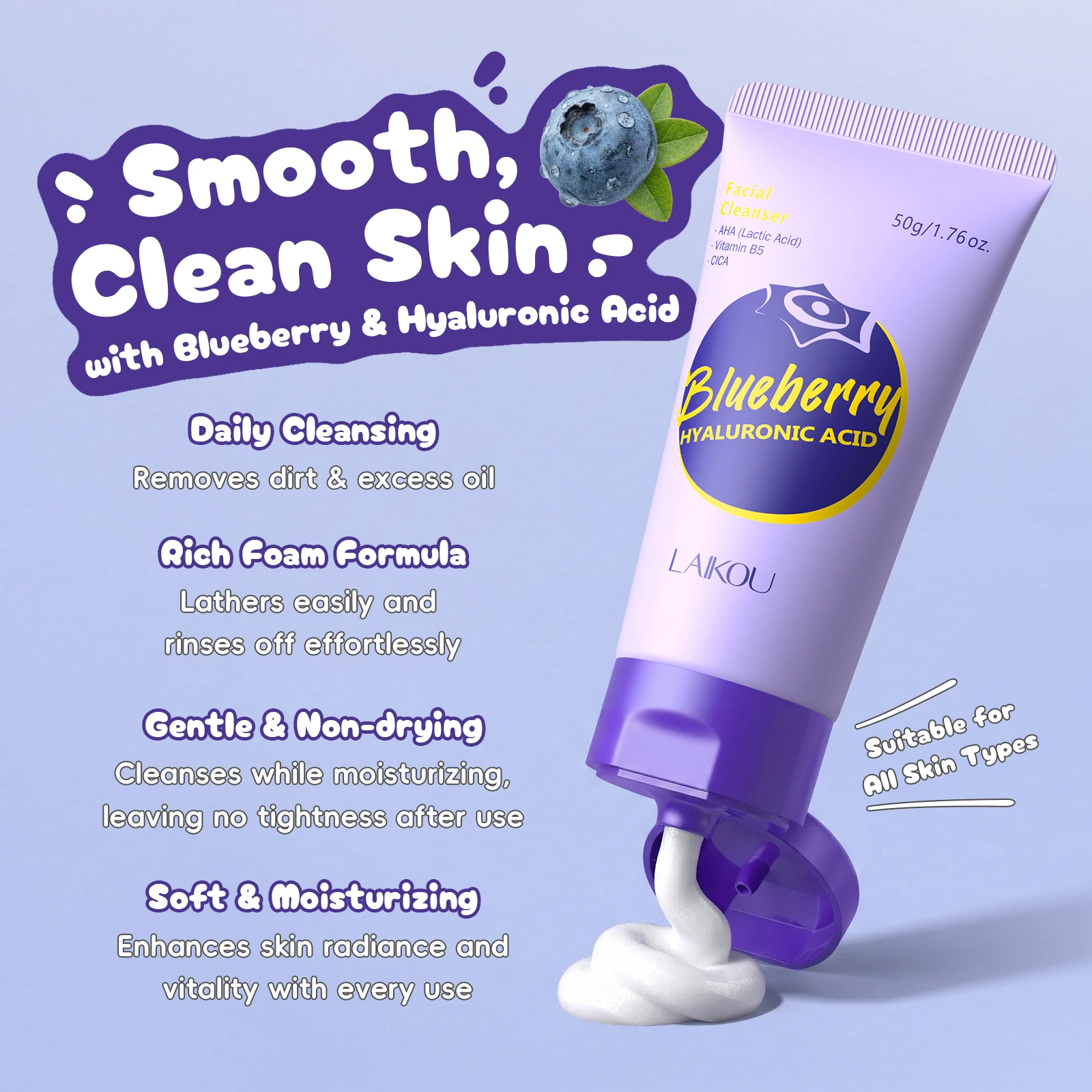LAIKOU Blueberry Hyaluronic Acid Facial Cleanser 50g Rich Foaming Hydrating Softening Gentle Non-drying Daily Face Wash