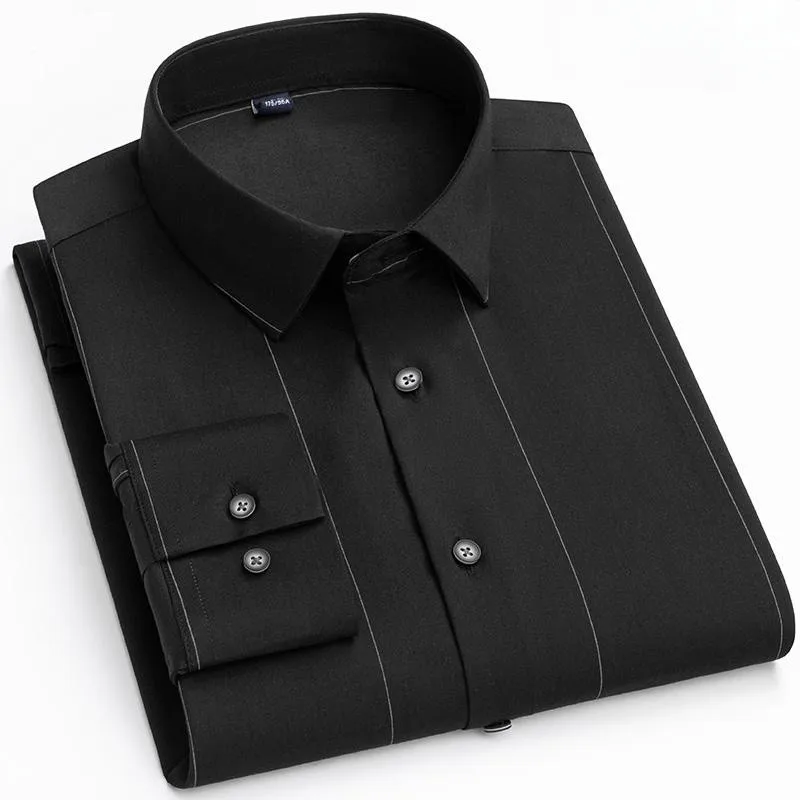 Camisa masculina com fibra de bambu listrada de manga comprida, antirrugas, sem engomar, formal, macia, casual, negócio, escritório, moda