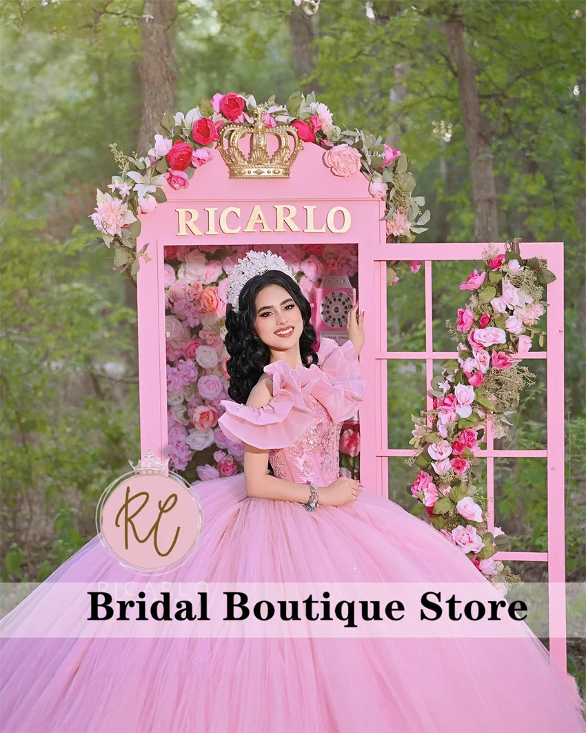 Pink Puffy Princess Ball Gown Quinceañera Dresses 2025 Beads Crystal Appliques Ruffles Birthday Party Gown For 15th Girls Custom