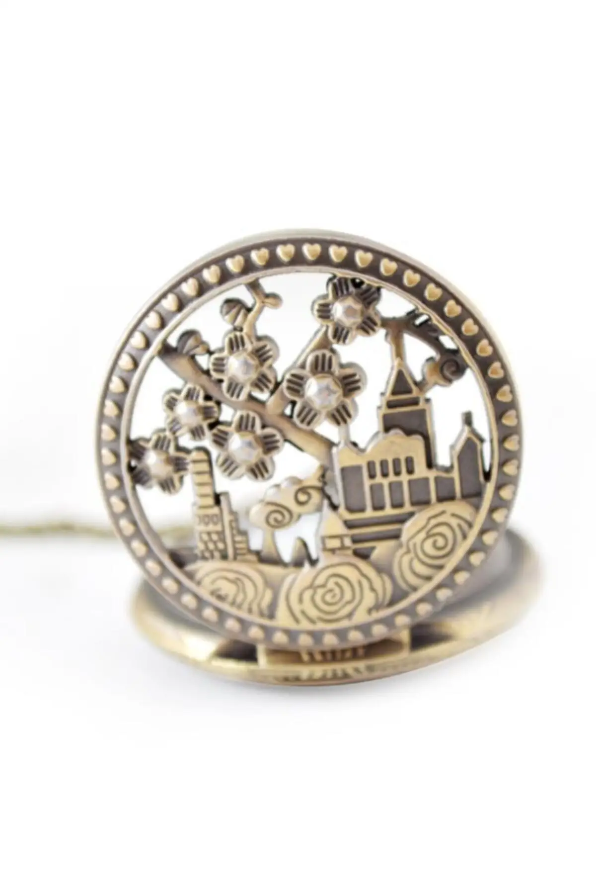 Uras Bronze Girl Tower Pattern Quartz Köstekli Mini Pocket Watch Necklace Vintage Watch Men Women