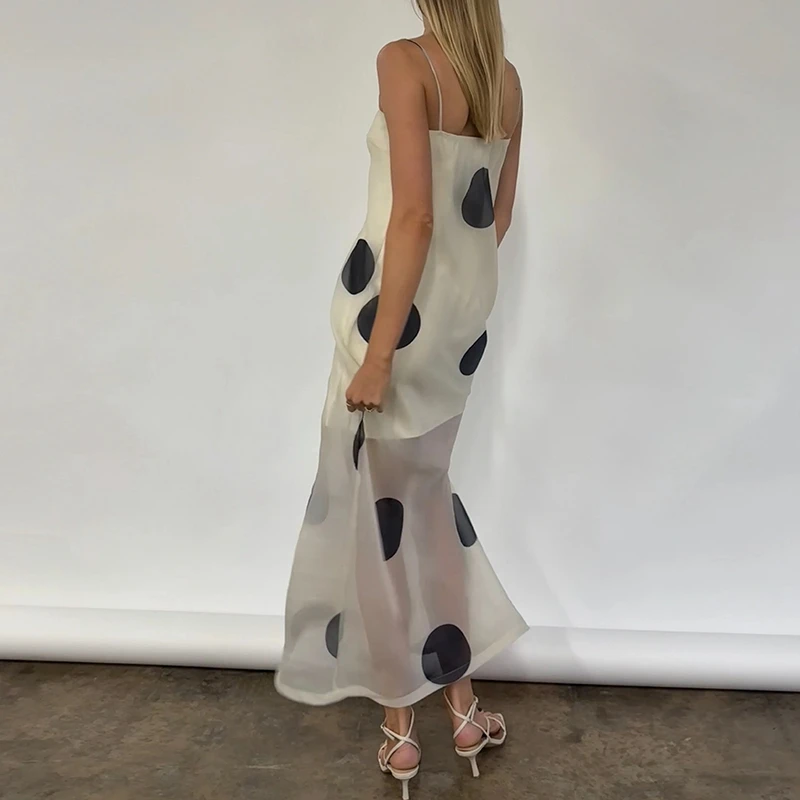 Robe longue à pois pour femme, bretelles spaghetti, maille transparente, robe longue sexy sans manches, dos nu, robes d'été élégantes pour femmes