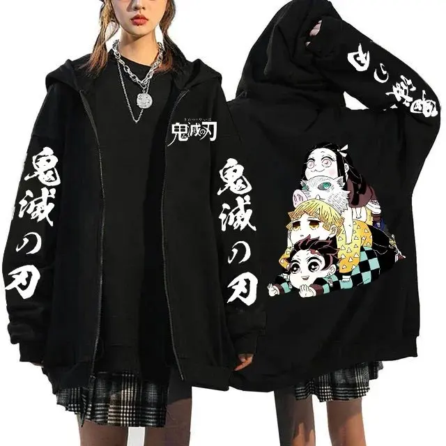 سترة كبيرة الحجم للجنسين شيطان القاتل أنيمي هوديي الرجال النساء البلوز البلوز الكرتون المطبوعة ملابس الشارع الشهير الخريف الموضة #4