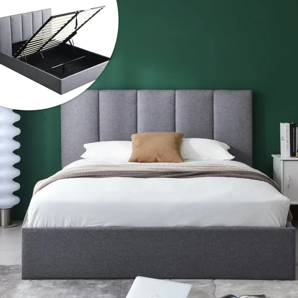 Lift Up Storage Bed, Linen Upholstered Platform Bed Frames w Storage Underneath,Soft Modern Bed Frame Hydraulic Lift Storage Bed