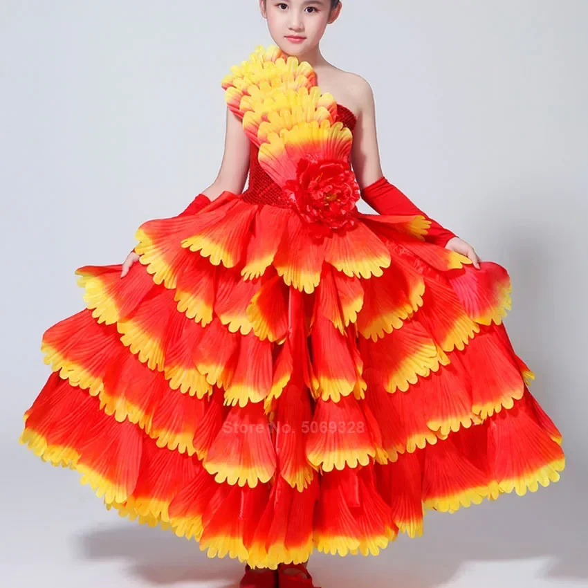 Gypsy Girls Spanish Bullfight Flamenco Skirts Belly Dance Dresses For Kids Girls Long Robe Flamenco Peony Petal Dress Costumes