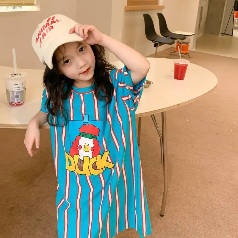 2024 Summer New Children Brother Sister Matching Clothes Boys Fashion Cartoon Print T-shirt Girls Casual Dress Sibling Outfits