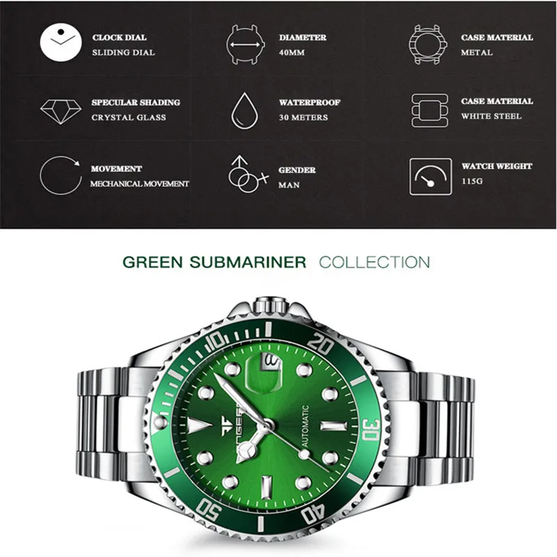 FNGEEN 9001 ساعة رجالية ماركة فاخرة إطار توربيون فولاذي ساعة ميكانيكية مضيئة تاريخ تلقائي ساعة ماسية