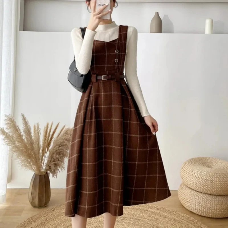 Autumn Winter Lady fashion Overalls 2 Piece Set Dress Women black Knitted Sweater Top + Plaid Tweed Slim Big Swing Midi Dress