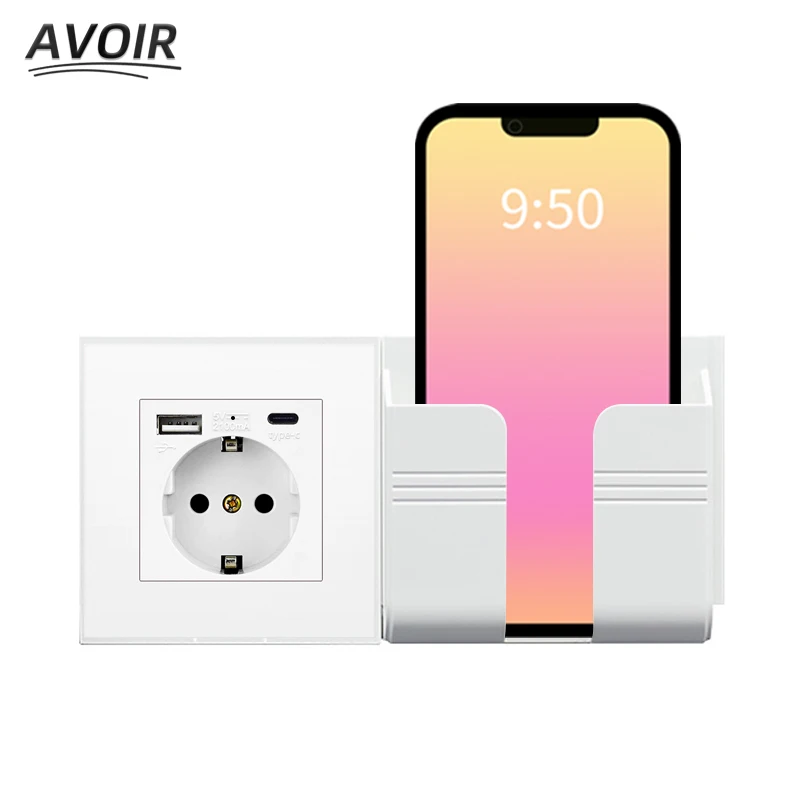 Avoir Type C USB Quick Charging Outlet 5V 2.1A Wall Power Socket EU Standard Plug 16A 86mm*86mm White Plastic Panel Phone Holder