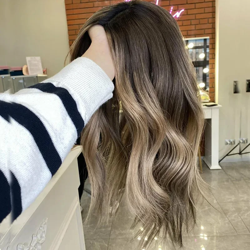 

Premium Synthetic Wig Ombre Ash Brown Lace Front Wig TOP Swiss HD Transparent Lace Wig Heat Resistant Fiber Wig 150% Density Wig