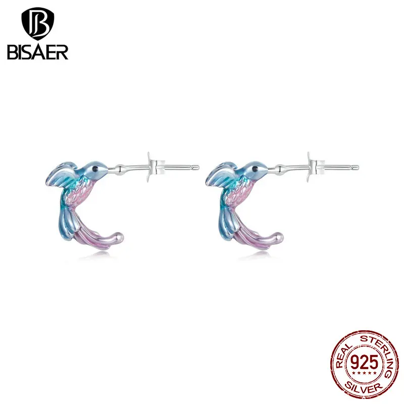 BISAER 925 Sterling Silver Cute Kingfisher Ear Buckles Bird Enamel Process Stud Earrings for Women Original Design Fine Jewelry