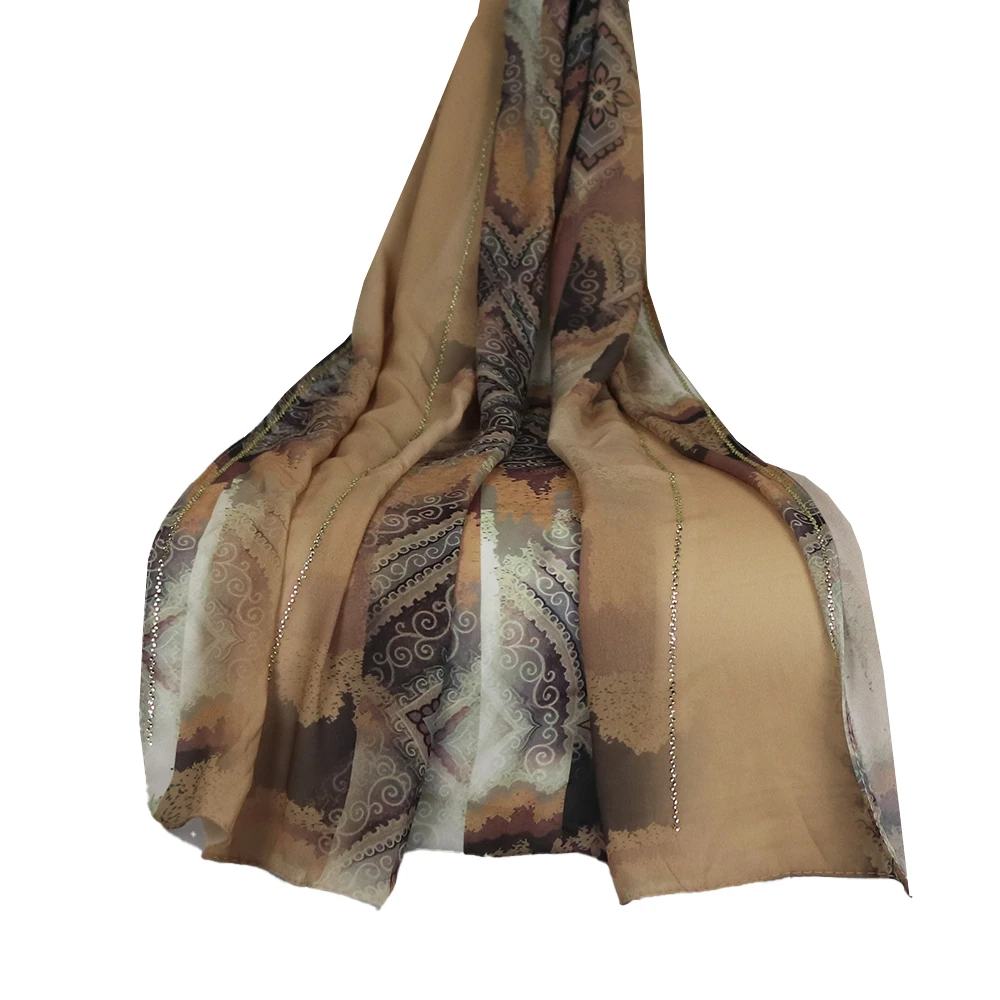 Foulard arabe en mousseline de soie pour femmes, imprimé strass doux, Beige marron gris artistique Hijab2519