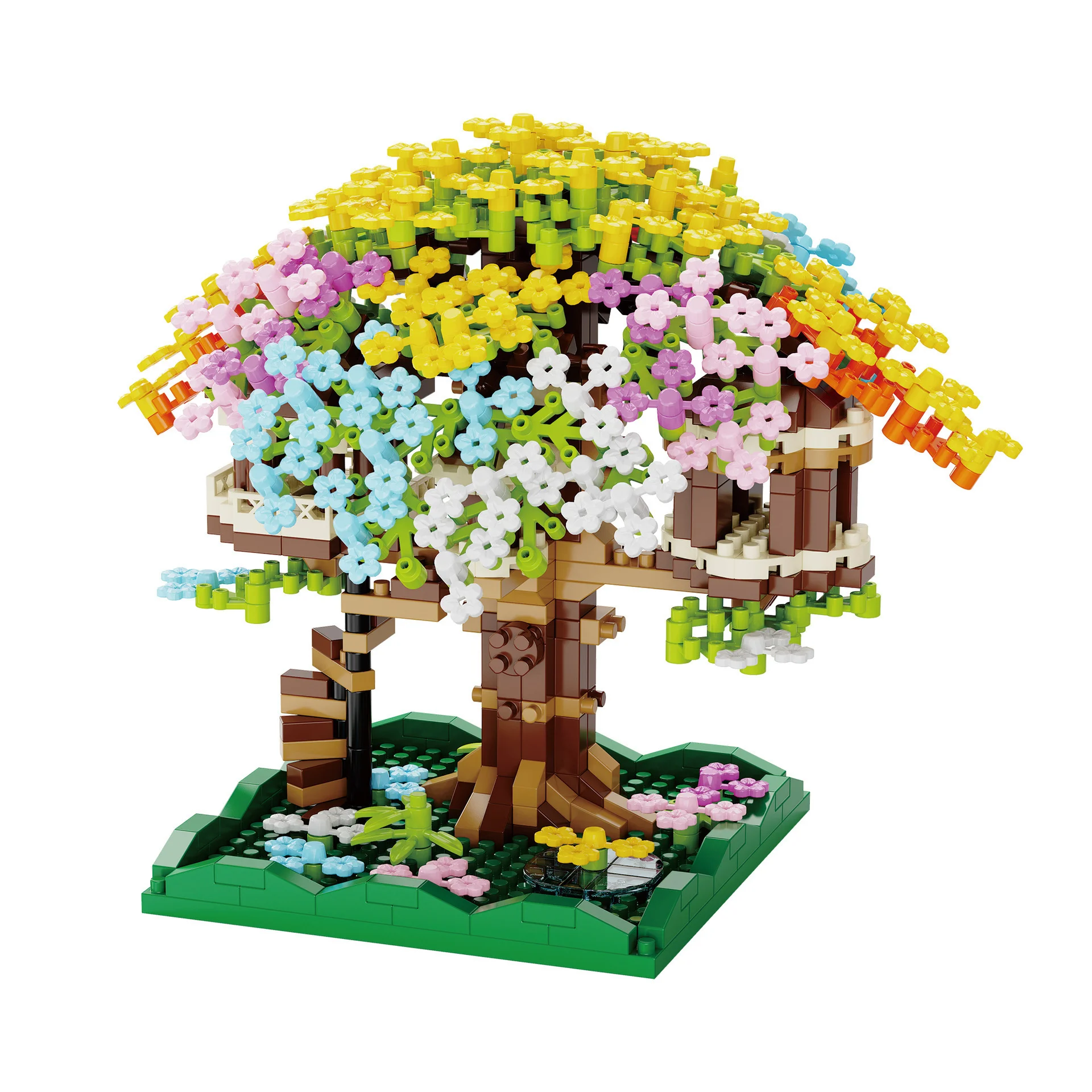 MOC-casa de flor de cerezo, modelo de bloques de construcción, rompecabezas, artículo de decoración, ladrillos de árbol de arcoíris, rompecabezas, juguete DIY, regalo para niños