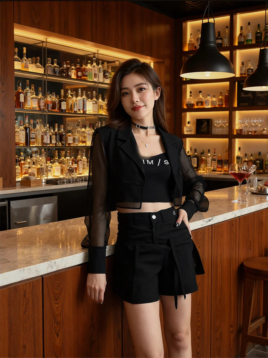 

Sun-proof Cropped See-through Back-Slit Blazers For Woman With Designs Clothes Women Outer Pleated Split Party Bandage Texture