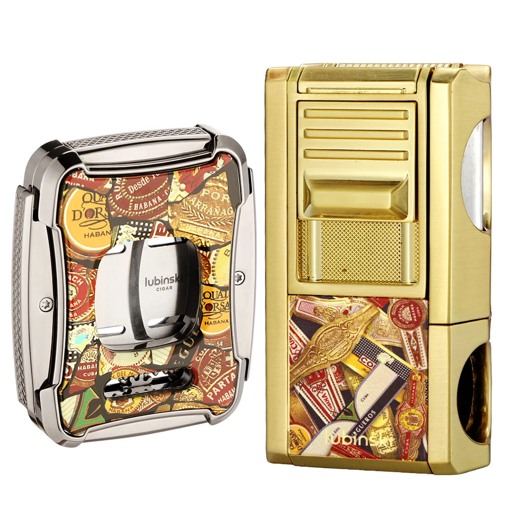 LUBINSKI Lighter Cigar Cutter Metal Flag Pattern 1 Jet Lighters With Cigar V Cutter Punch Smoking Tool Tabacco Guillotine