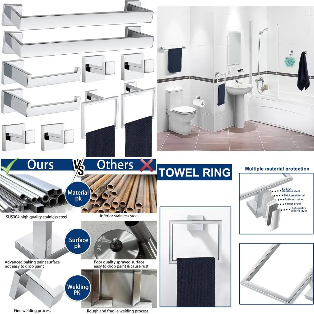 Stainless Steel Bathroom Hardware Set with Towel Rack and Square Towels in Polished Chrome Finish