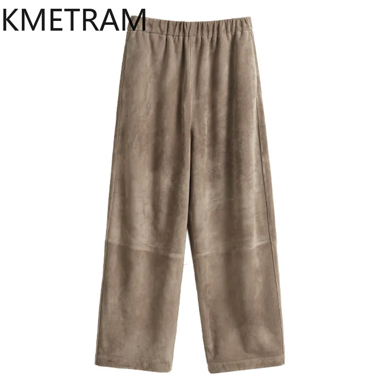 KMETRAM Genuine Crossbreed Sheep Suede Leather Pants Baggy Trousers Harem Wide Leg Pants for Woman Clothing Elastic Waist Штаны