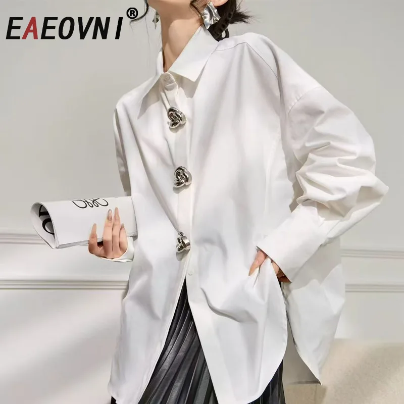

EAEOVNI Fashion Solid Color Women's Blouse Button Design Lapel Long Sleeve Loose Shirt Tops Casual 2025 New Clothing