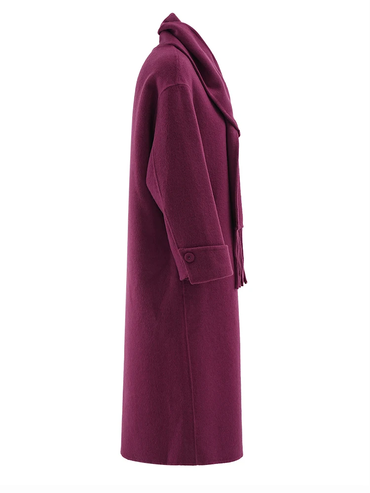 [EAM] Purple With Scarf Big Size Woolen Coat New Stand Collar Long Sleeve Women Jacket Fashion Tide Autumn Winter 2024 CPG2172