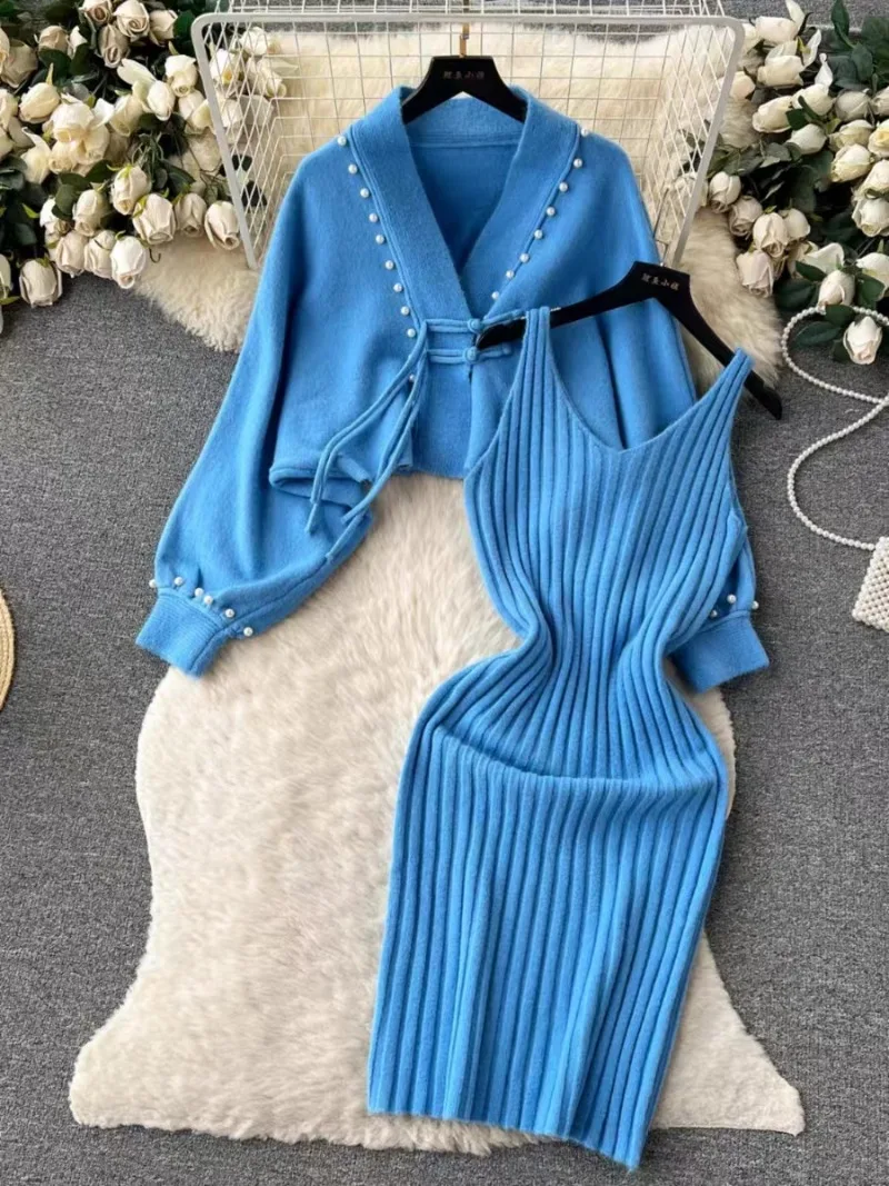 New High End Autumn Winter Fashion Dress Sets Women Knitted Vintage Casual Loose Shawl Coat + Sexy Sling Dresses Christmas Suit