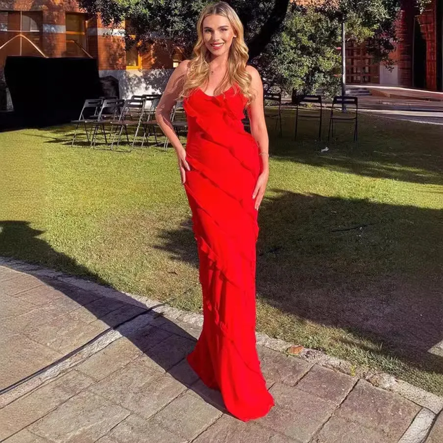 

Spring Summer Sexy Backless Suspender Long Dress V-neck Shoulder Strap Wavy Slim Dress Side Slit Suspender Dress