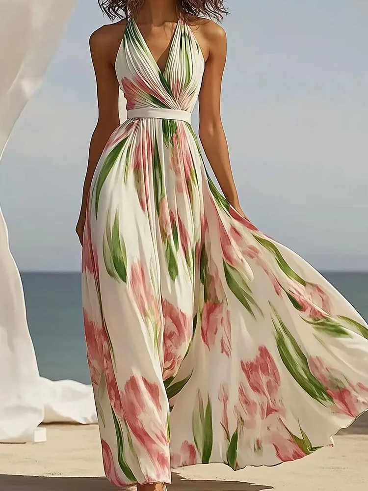 Sleeveless Patchwork Loungewear Party Dress, Women Summer V-Neck Backless Fashion Maxi Dress, Beach Style Elegant Ladies Dress